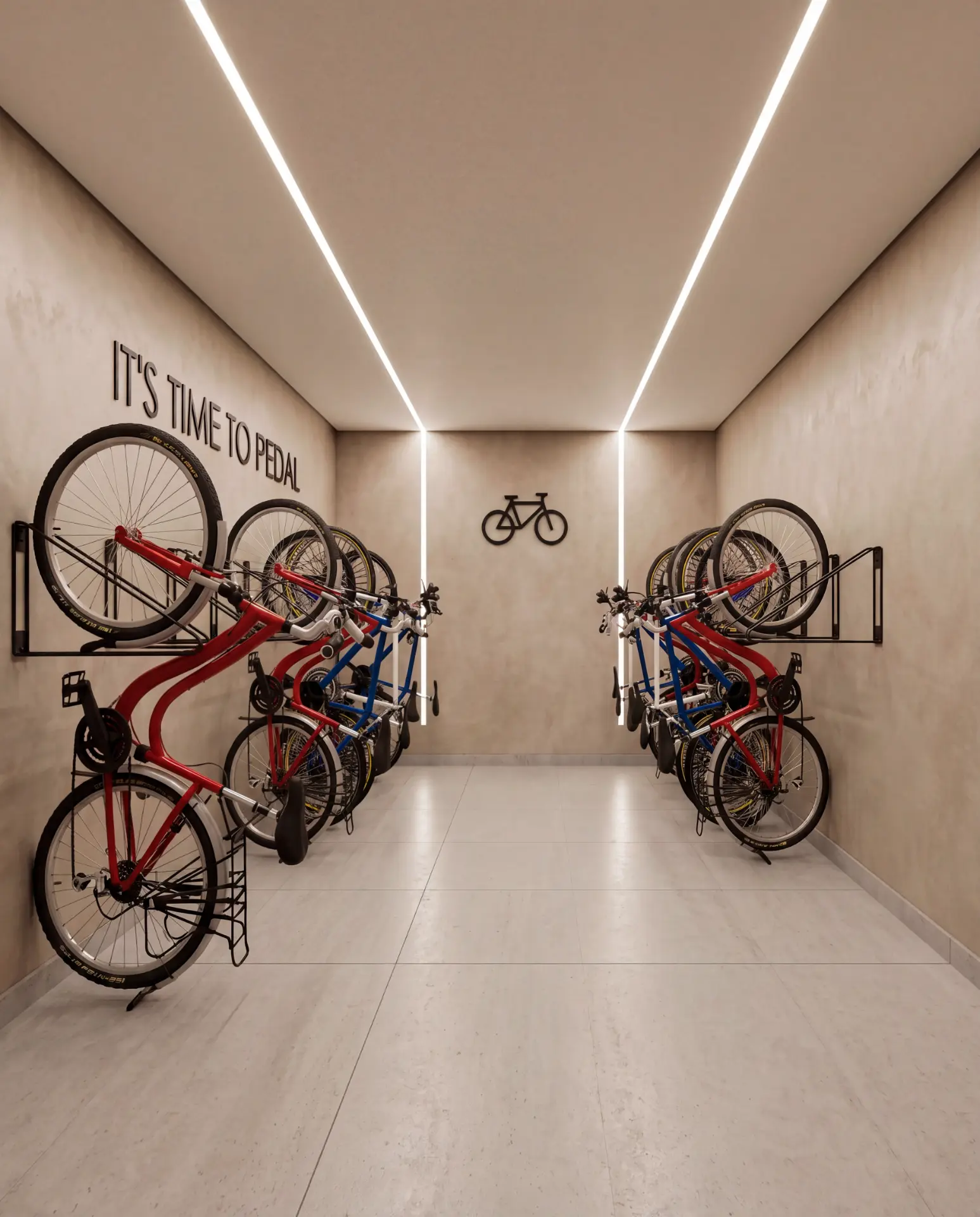 Render do bicicletário com suportes verticais e iluminação linear
