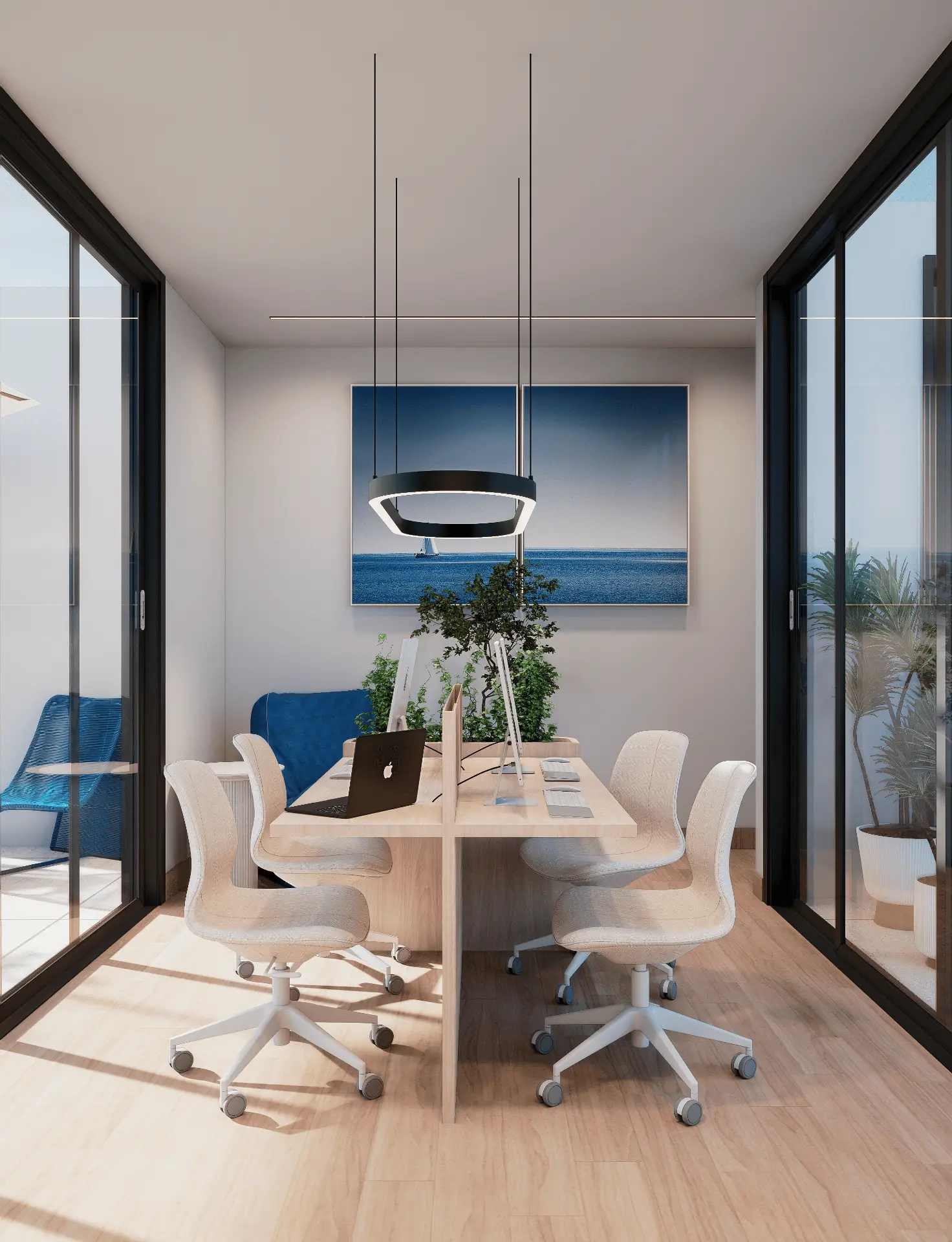 Render do coworking com bancada compartilhada e luz natural