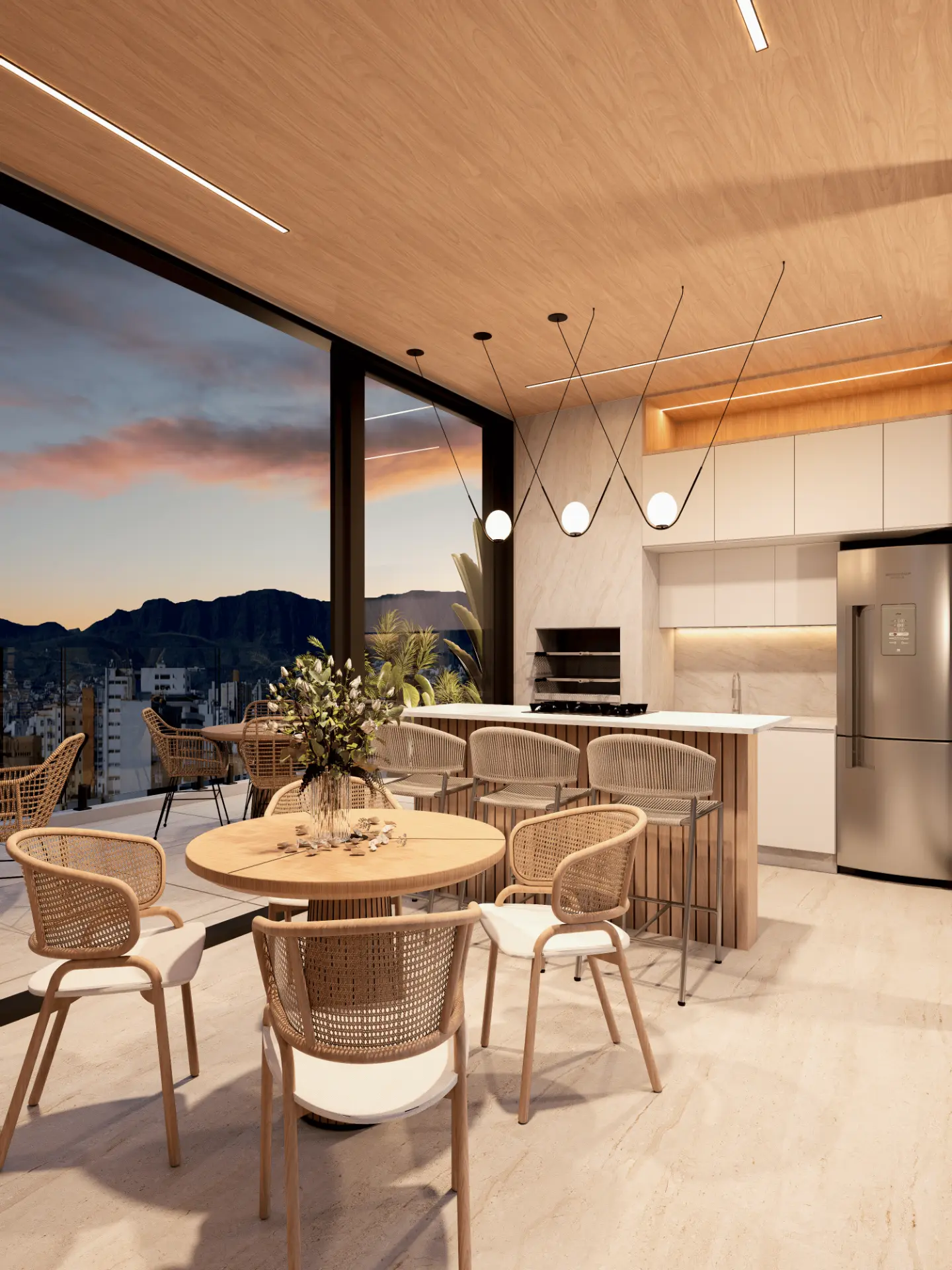 Render do espaço gourmet interno com ilha e churrasqueira