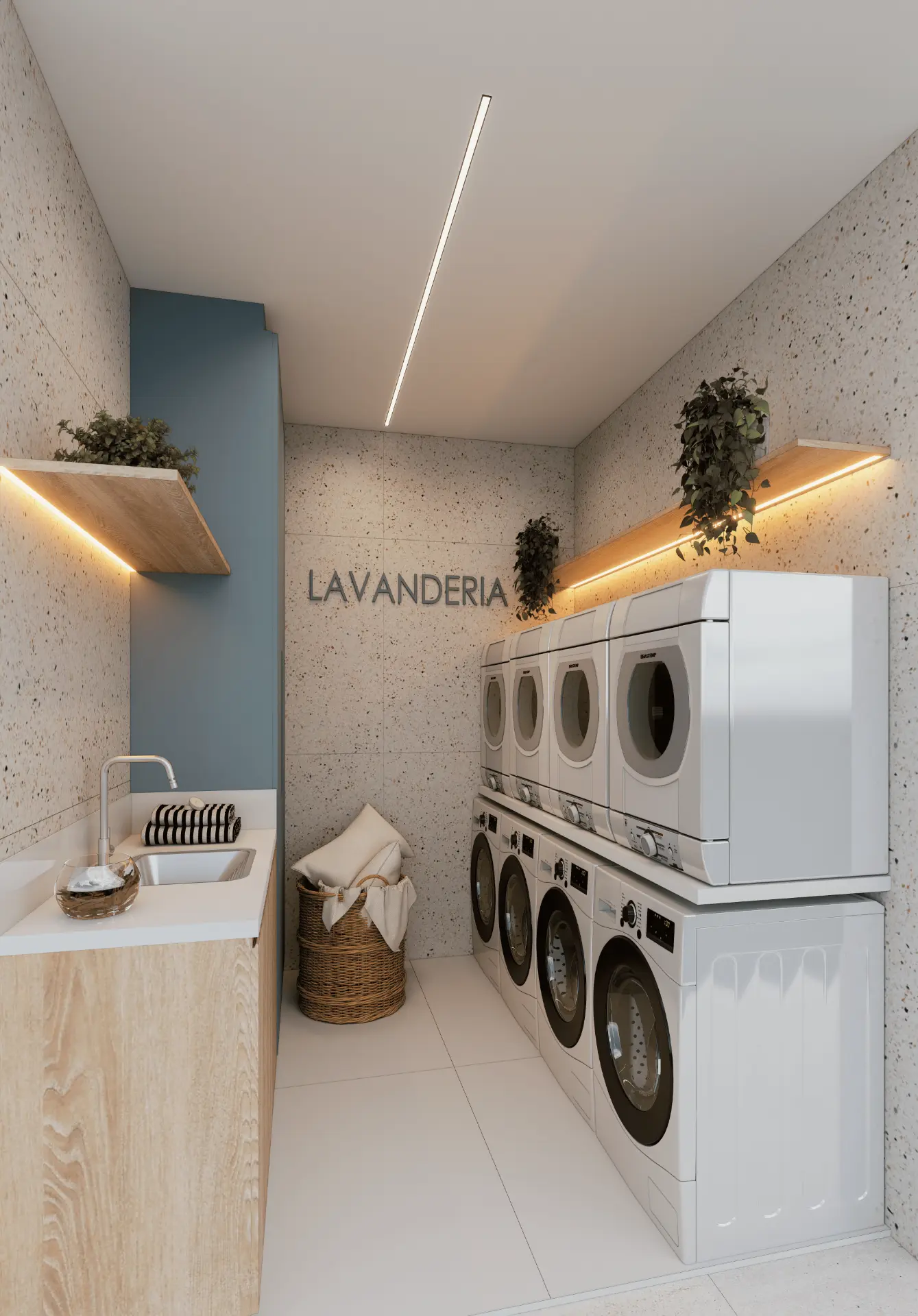 Render da lavanderia coletiva do empreendimento