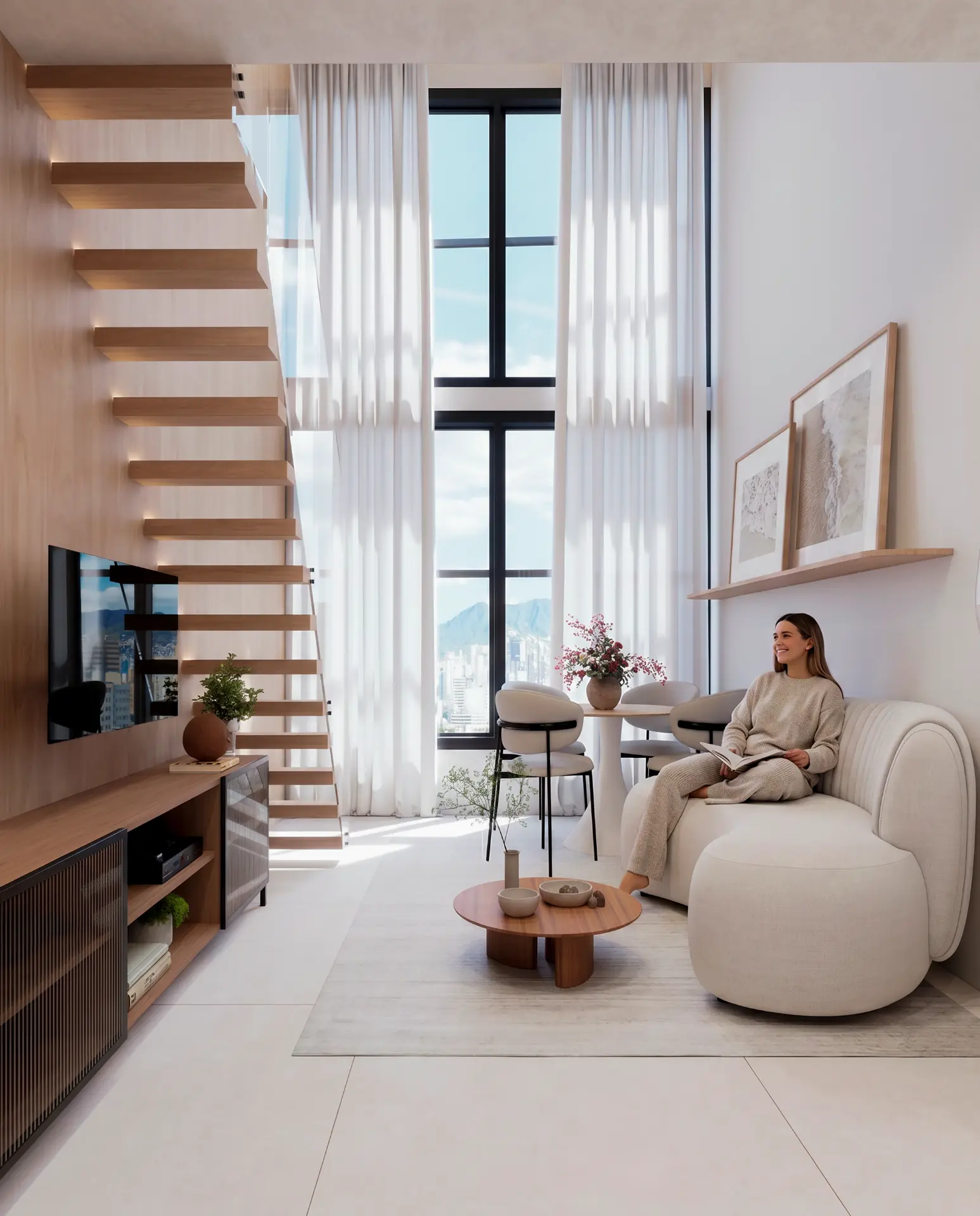 Render do loft com pé-direito duplo e escada em madeira